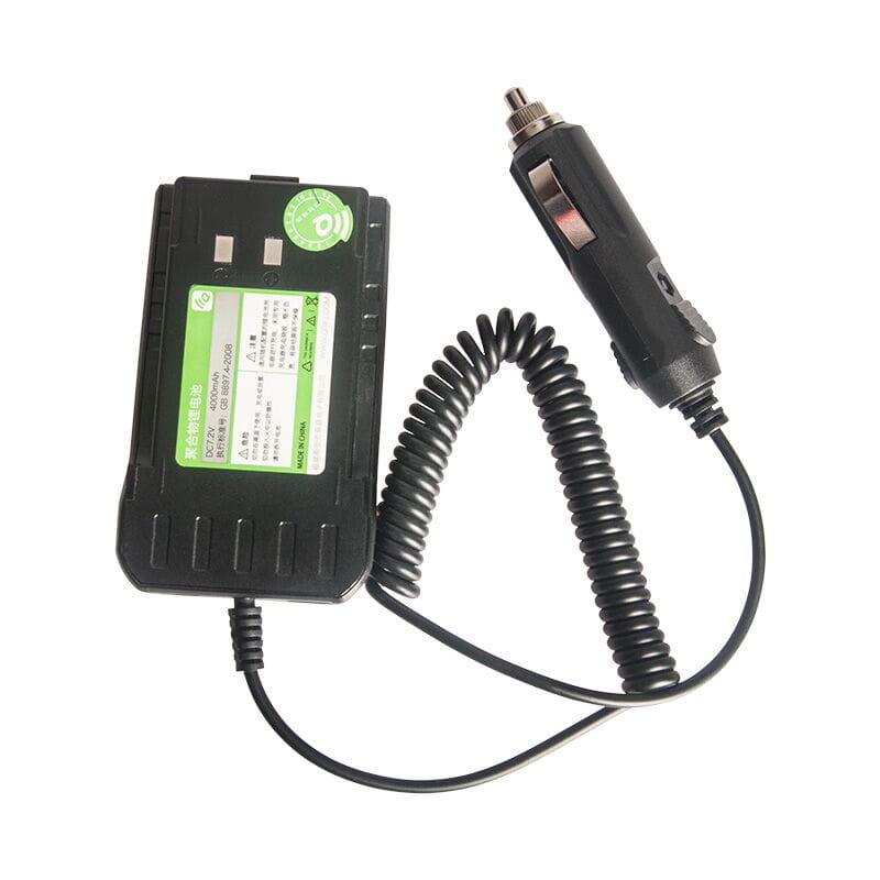 Black quansheng Tg-uv2 Plus 10w car charger battery eliminator with coiled cable and rectangular battery pack for vehicle power supply.