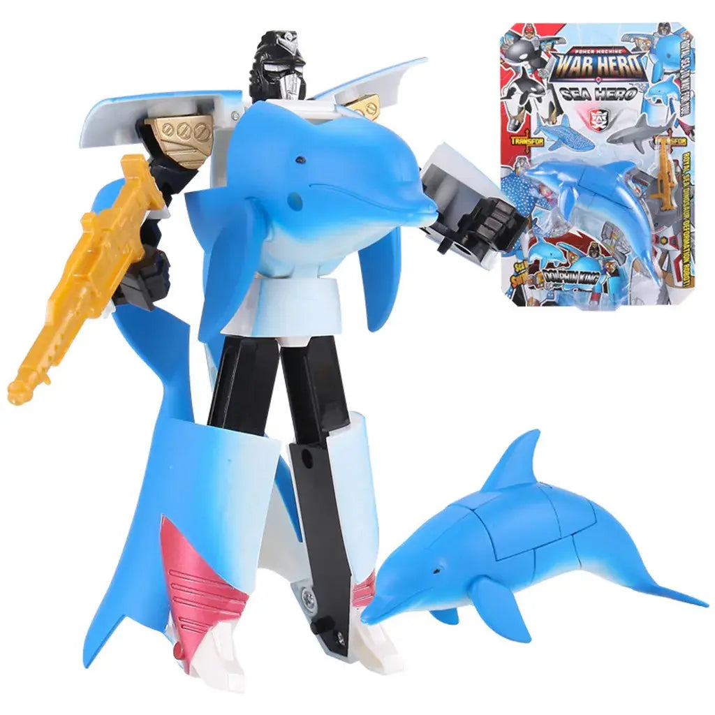 Blue dolphin-themed robot toy finished goods with gold and black accents featuring a transforming design from its original form.
