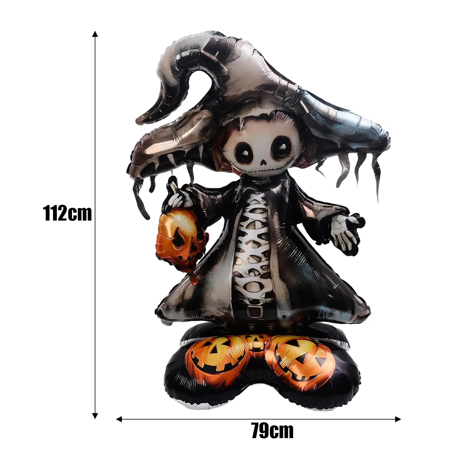 黒とオレンジを基調とした、ハロウィーンのスタンディング用巨大ホイル風船のパーティー装飾。魔女の帽子をかぶった骸骨が、ジャック・オー・ランタン風の足で、パンプキンを手に持っています。
