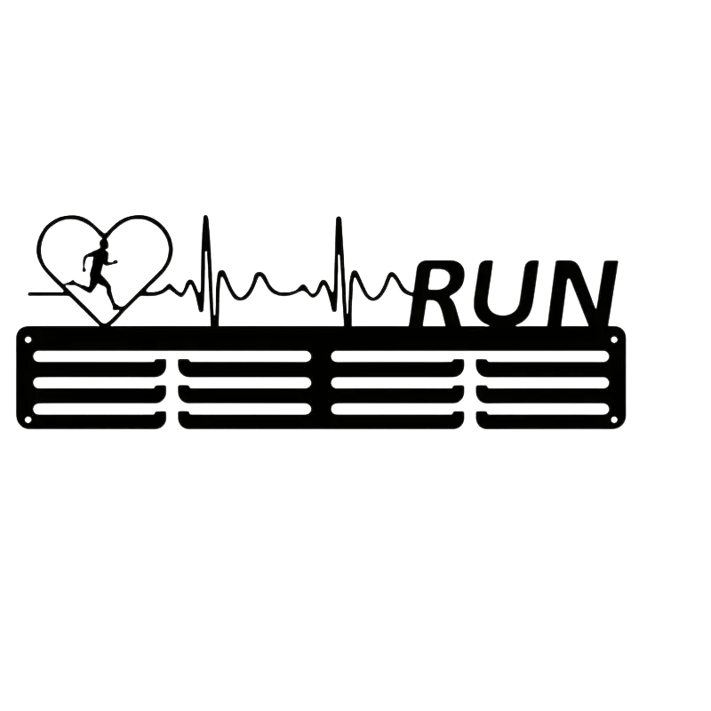 Black metal race finisher medal rack with heart running silhouette and heartbeat line design above the word run