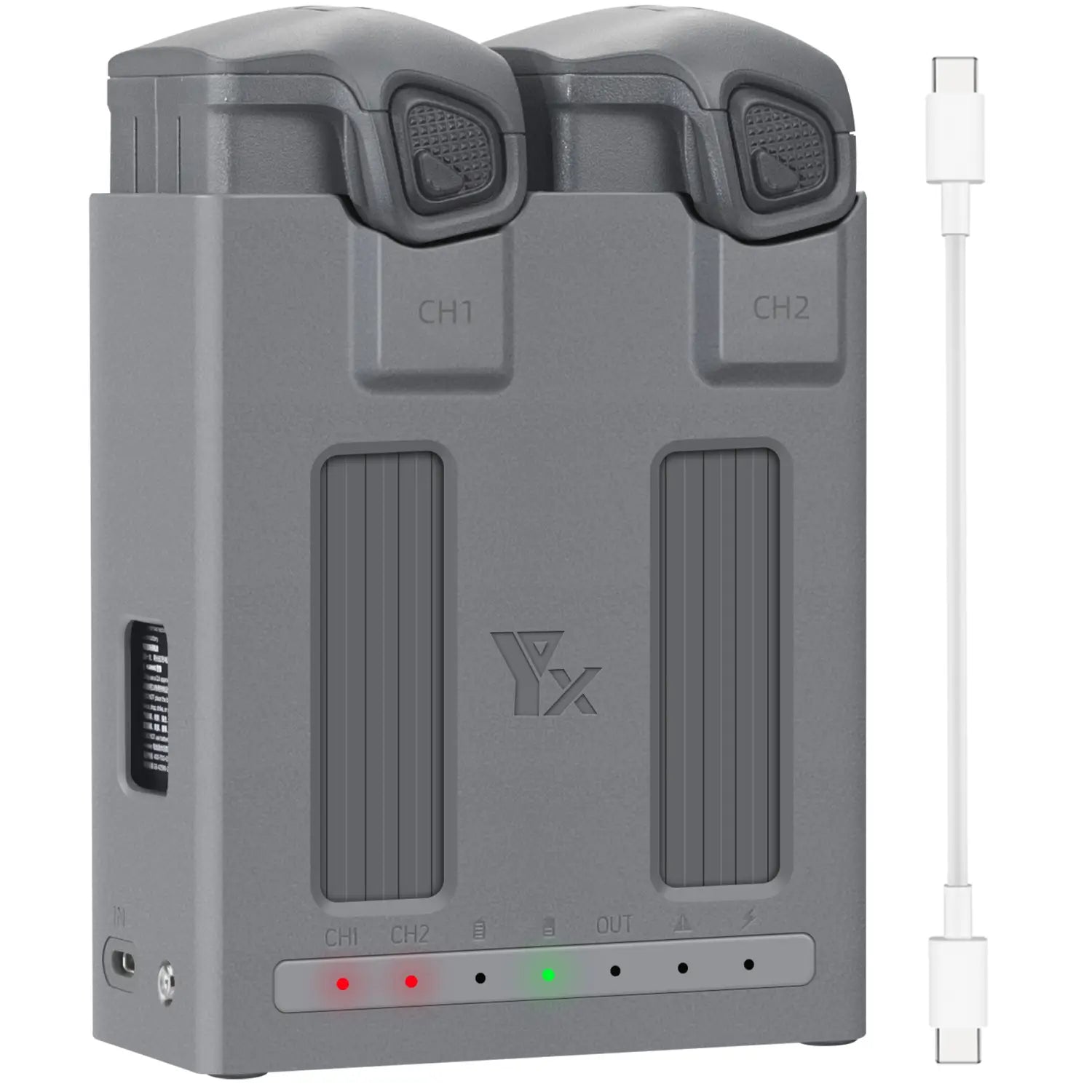 gray yx dual-channel drone battery charger hub with two charging slots and white usb-c cable for dji mavic 4 pro batteries