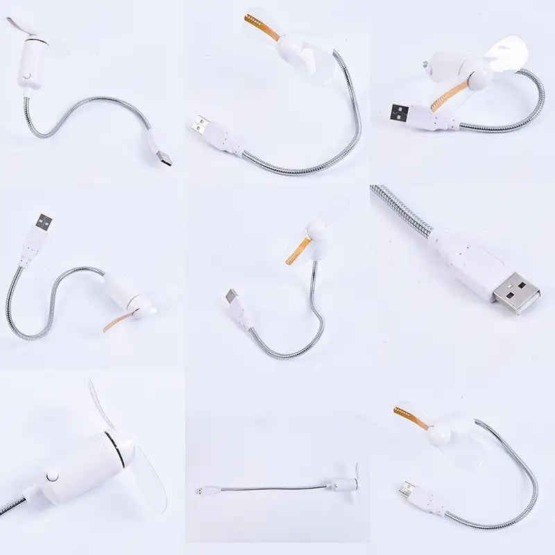 Cables de carga USB blancos con cordones trenzados metálicos flexibles y pequeños conectores de plástico blanco para el ventilador de reloj con LED USB, portátil y flexible para ordenadores portátiles.