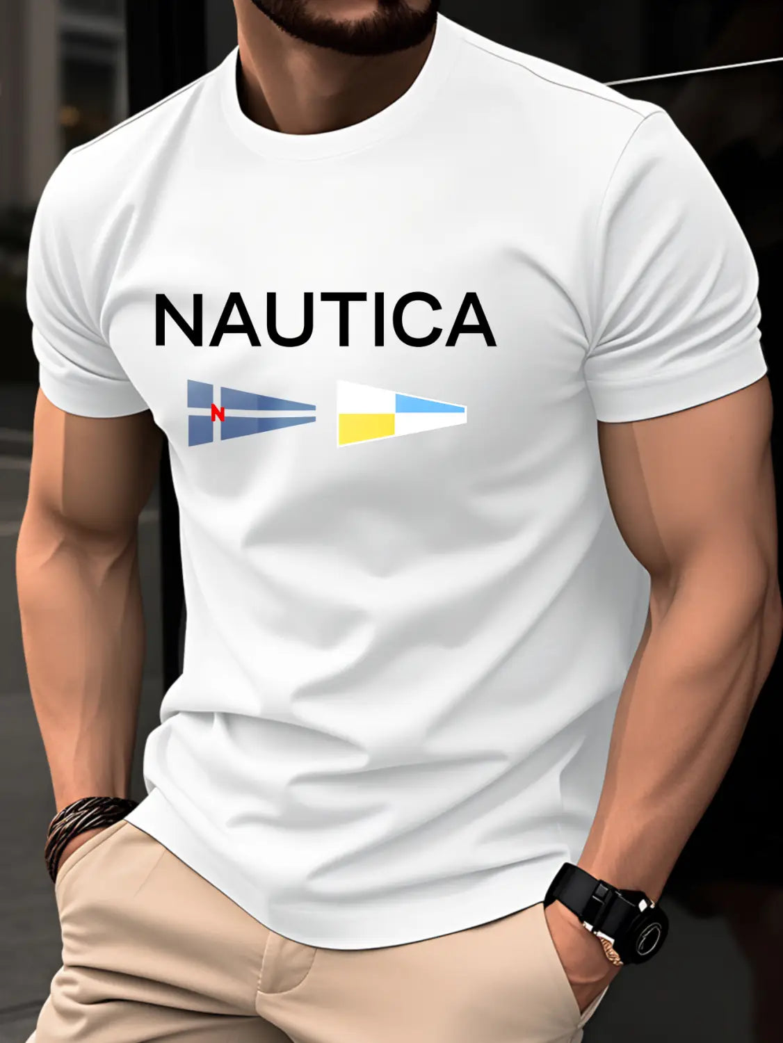 T-shirt d’été pour homme Nautica, imprimé graphique en lettres, blanc, présentant un logo noir audacieux et deux drapeaux de voilier colorés imprimés sur la poitrine.