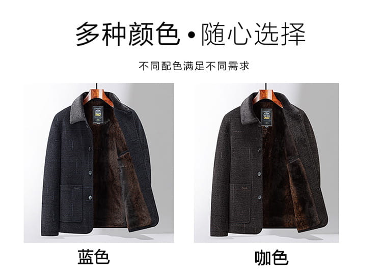 Abrigos tipo gabardina de mezcla de lana para hombre en colores azul marino y café, con cuellos forrados con piel esponjosa y bolsillos para el uso en invierno.