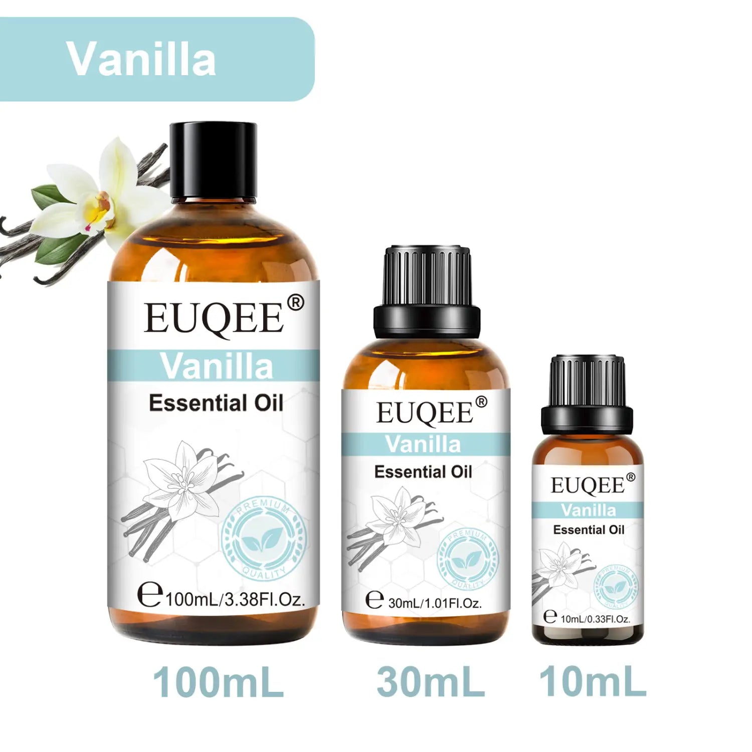 three amber glass bottles of euqee vanilla essential oil in 10ml 30ml and 100ml sizes with black caps and white labels featuring vanilla flower illustrations for pure aromatherapy use