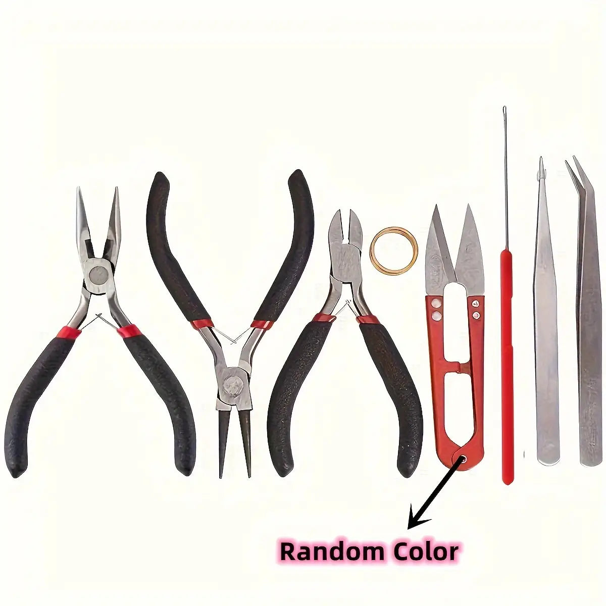 Red-handled jeweler’s shears with silver blades and a red plastic handle included in a diy jewelry making tool set 8-piece kit.