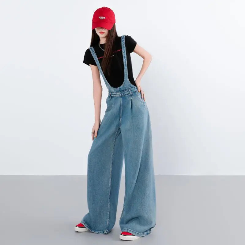 Women Denim Overalls Wide-leg Pants Spring Autumn New Loose Casual Korean Thin Straight Jeans Pants Suspenders Straps Jumpsuit