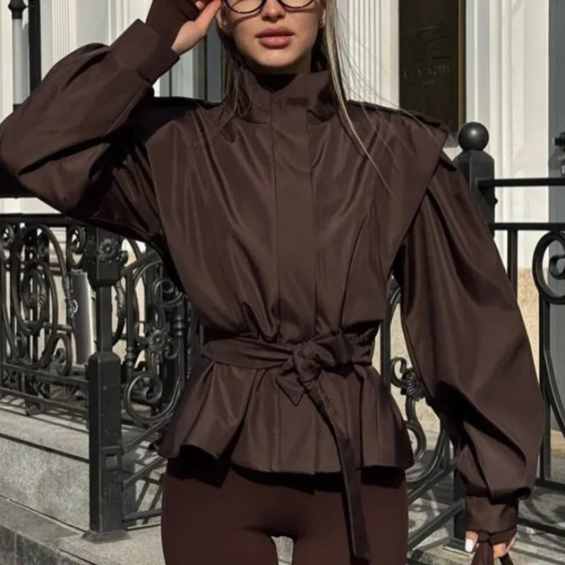 Vintage Trench Coats Women 2025 New Autumn Solid Lace Up Lapel Jacket Casual Loose Full Sleeve Coat High Street Office Outwear