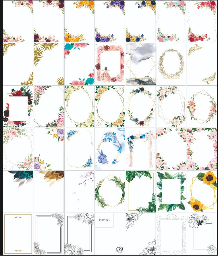 Jewish blessing card acrylic keychain party favor set of 10 featuring floral and botanical design photo frames in various shapes with delicate watercolor-style illustrations in soft pastel hues.