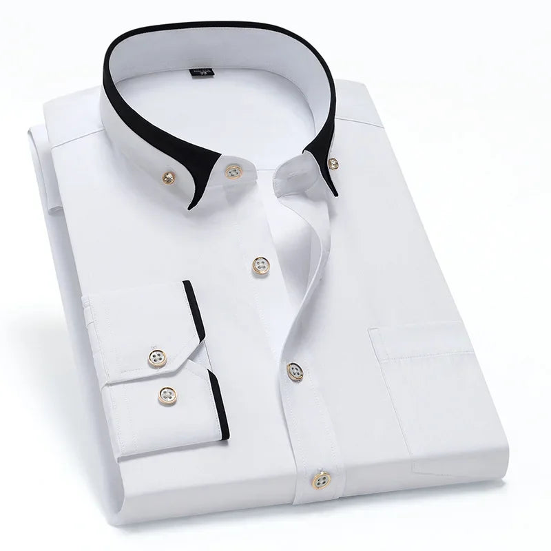Men dress shirt contrast collar anti-wrinkle long sleeve in white with black contrast collar and cuffs featuring gold-toned buttons.