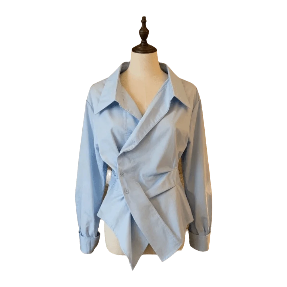 Formal Wear Irregular Long Sleeve Shirt Slim Fit Waist-cinching Women Blouse Elegant V Collar Shirt Top Office