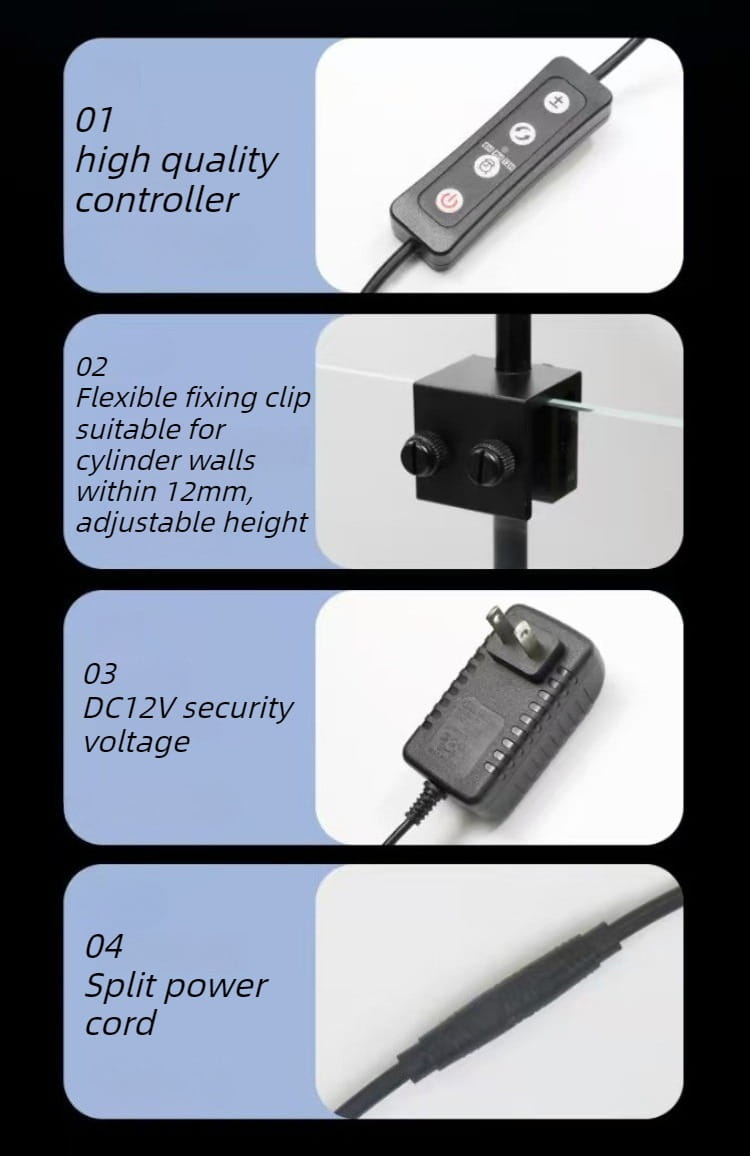 Controlador de plástico negro con cuatro botones circulares y cable conectado para la luz LED de tanque de peces de aleación de aluminio DC12V de espectro completo.