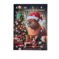 A festive countdown calendar featuring a cute capybara in a red santa hat with christmas lights and presents