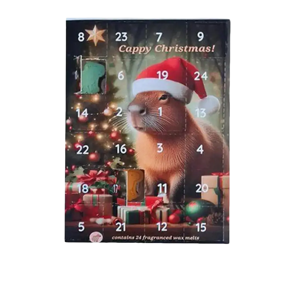 A festive countdown calendar featuring a cute capybara in a red santa hat with christmas lights and presents