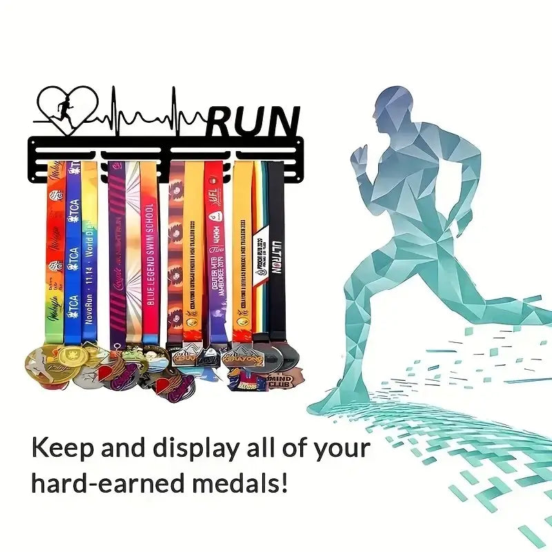 Black metal race medal hanging rack with heart and heartbeat design above the word run for marathon runners