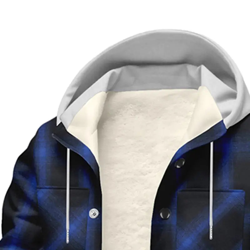 Chaqueta con capucha Y2K de polar a cuadros para hombre con exterior de cuadros azules, capucha forrada en gris e interior de polar color crema.