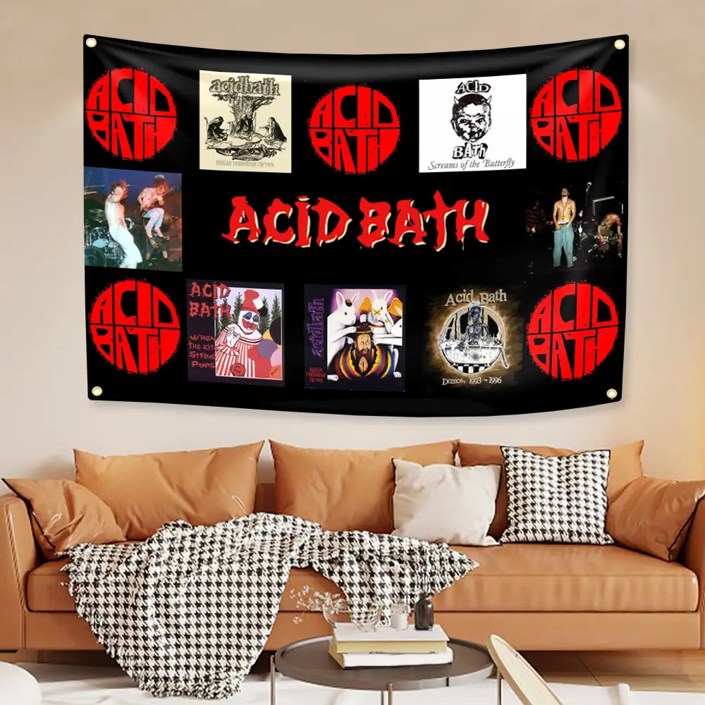 schwarze Säurebad-Band-individuelle Polyester-Tapetenwandbehang-Kunst mit roten kreisförmigen Logos und Album-Artwork mit Schriftzug-Charakter-Design.