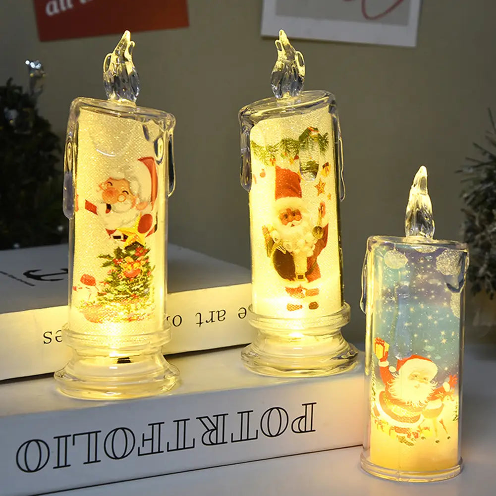 drei beleuchtete, glasförmige Kerzen-LED-Weihnachtslichter mit eingebautem, bedrucktem LED-Design des Weihnachtsmanns sowie festlichem Bildmaterial, das warm leuchtet, für eine niedliche Weihnachtsdekoration