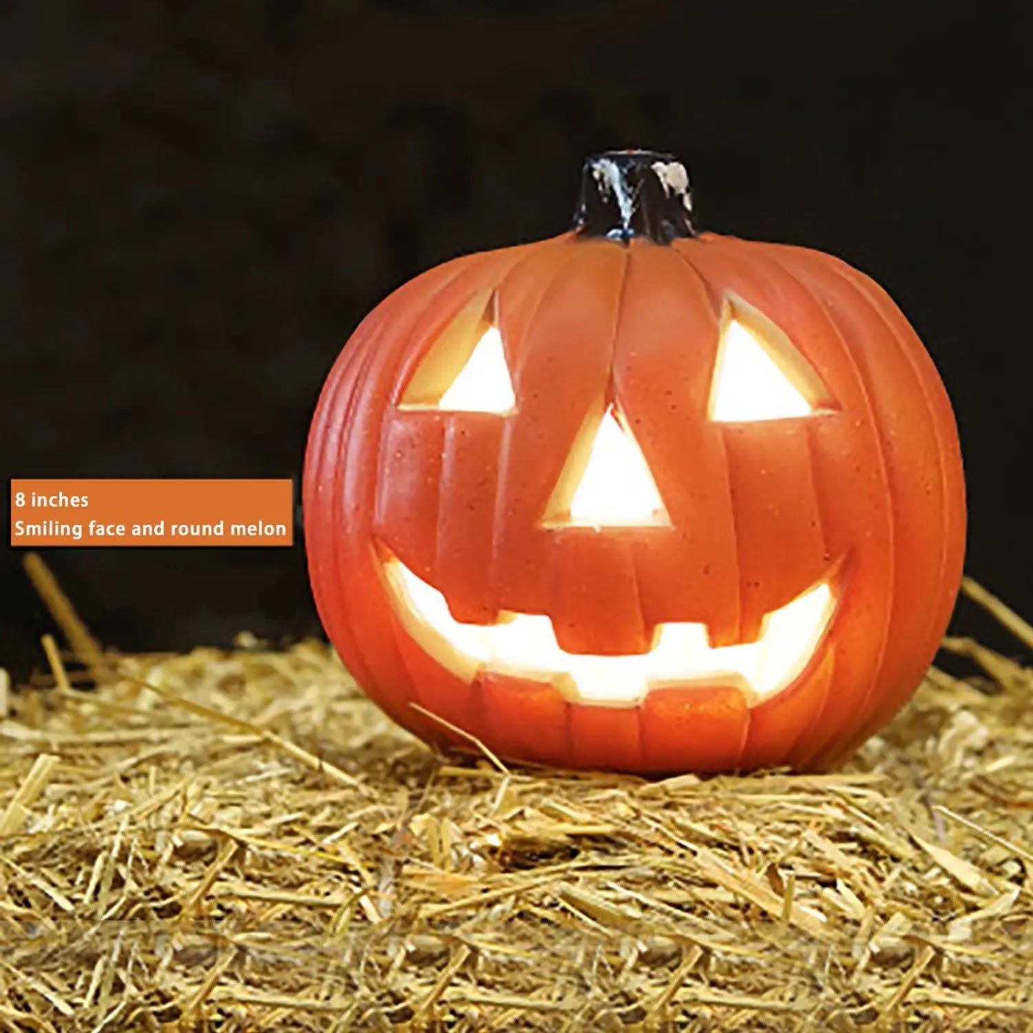 ハロウィン用の、笑顔の表情と丸いメロン形状を備えたオレンジ色の8インチ発光LEDジャック・オー・ランタンのパーティー装飾