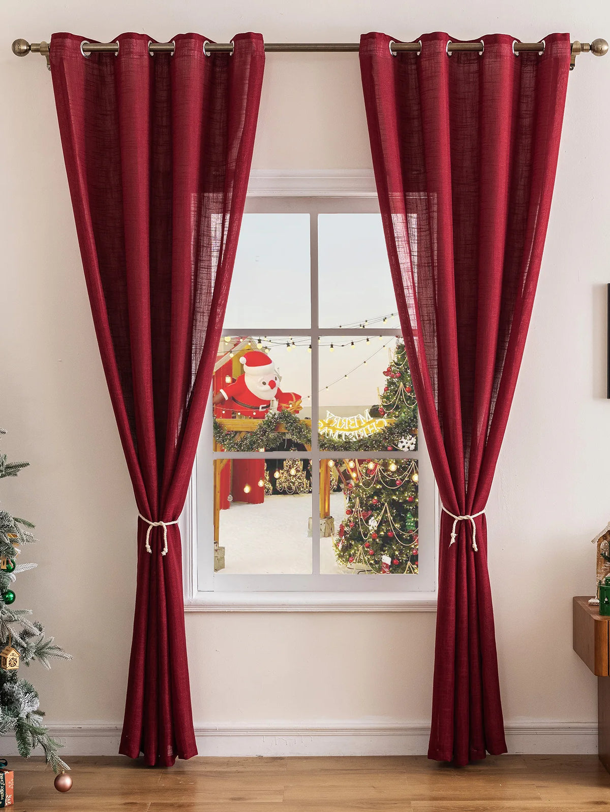 Red Linen Curtains for Living Room Semi Sheer Window Drapes Textured with Grommet for Privacy Christmas Bedroom Decor