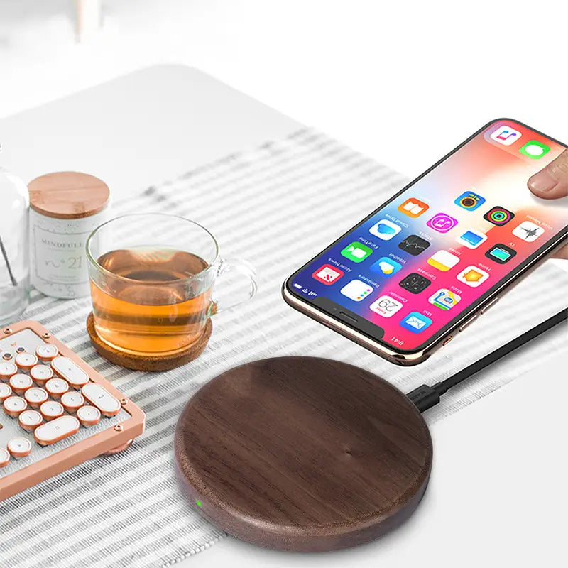 dark wood grain walnut wood wireless charging pad with 15w power output designed for convenient device charging
