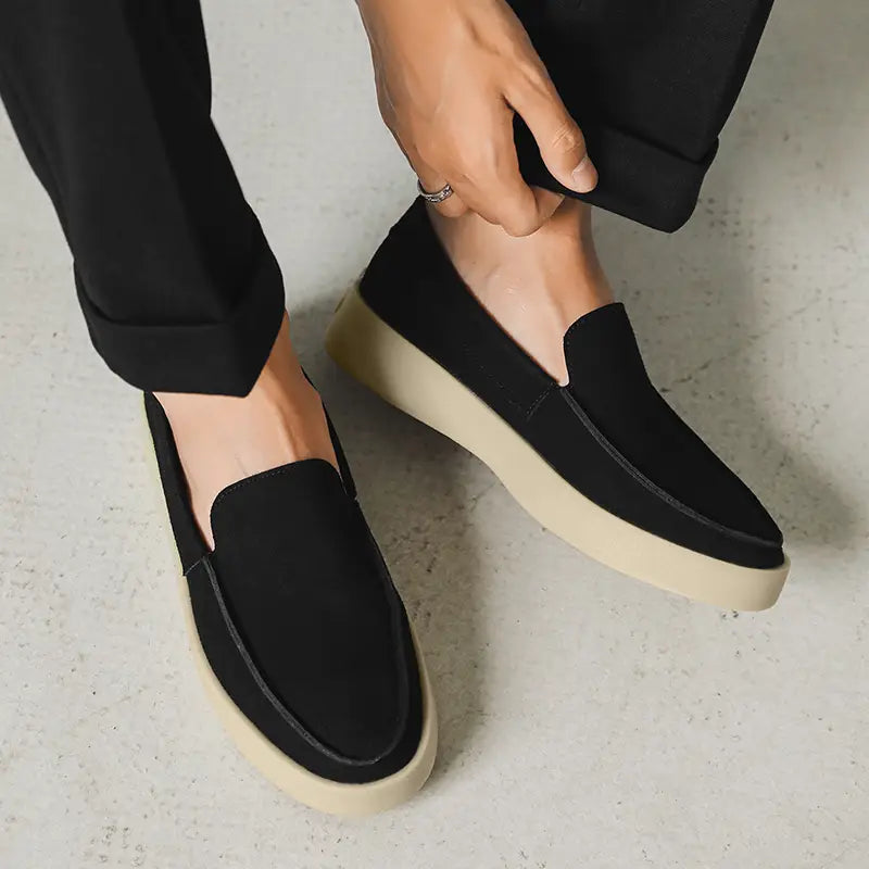 black suede loafers with cream-colored rubber sole designed for men casual slip on walking shoes