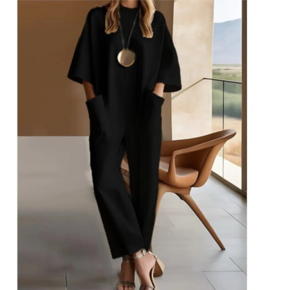 Women's Fashion Short-sleeved Jumpsuit Summer New Style Casual And Unique Loose Simple Pocket Solid Color Rompers Female 2025