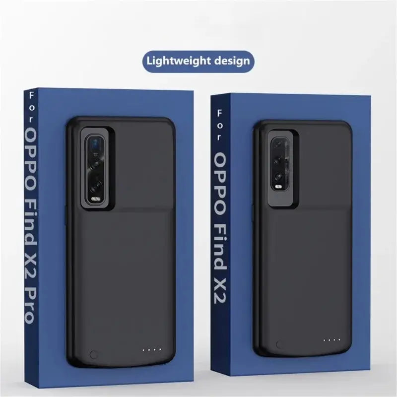 背面から示した、OPPO Find X2 Pro 用のブラックのマット仕上げバッテリーカバー・パワーバンクケース。カメラモジュールおよび背面パネルの周囲にぴったりと収まるように設計されています。
