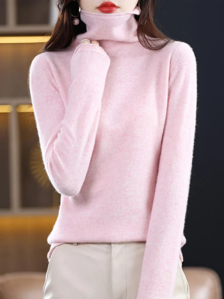 Women 100% Merino Wool Sweater Autumn Winter Fashion Pile Collar Pullover Cashmere Knitwear Casual Long-sleeved Bottoming Tops