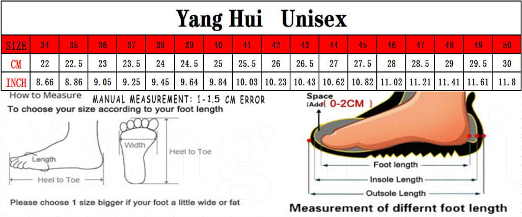 Tableau des tailles de chaussures unisexes Yang Hui en centimètres et en pouces indiquant la longueur, la largeur du pied et les dimensions talon-pointe pour des baskets décontractées à plateforme en suède à semelle épaisse pour hommes, de la taille 34 à 50.