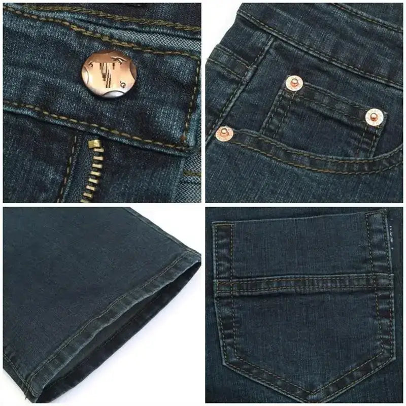 Men black flare denim jeans slim fit trousers in dark wash featuring rose gold-tone metal buttons and stitching.