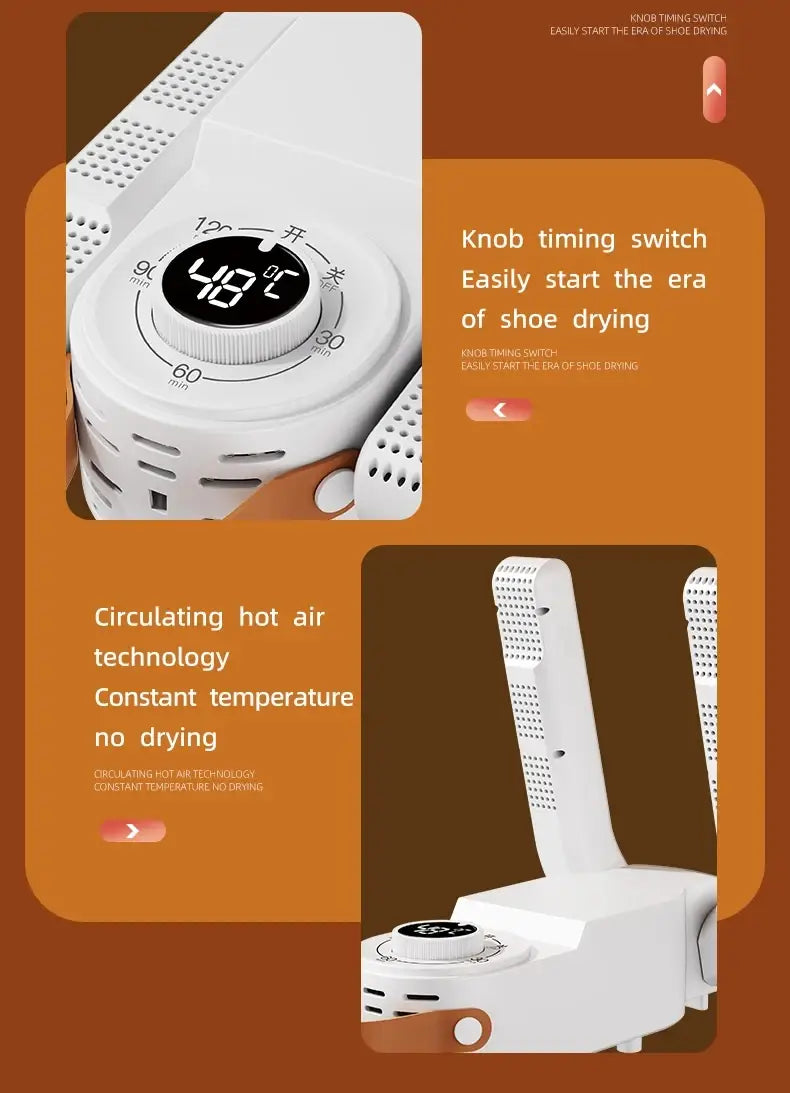 Sèche-chaussures électrique portable en plastique blanc et réchauffeur, avec des grilles d’aération perforées et une minuterie à bouton circulaire réglée sur 40 degrés Celsius pour faire circuler l’air chaud.