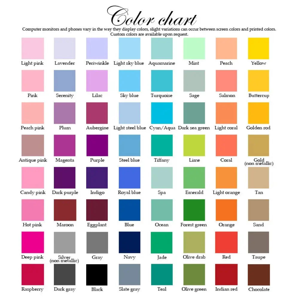 a printed color chart displaying 48 distinct hues with names including lavender turquoise and gold for custom graduation face tattoos personalized party favors