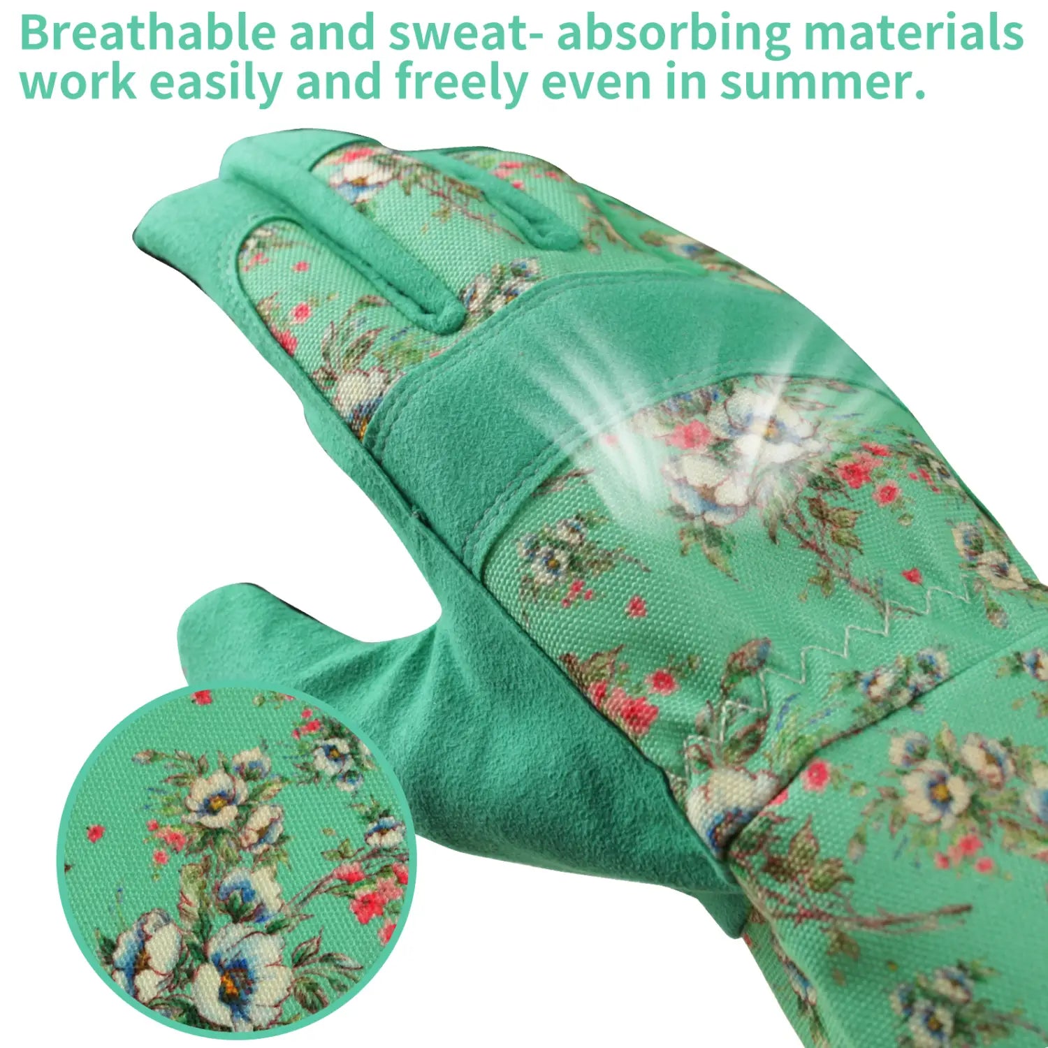 Gants de jardinage floraux pour femmes en vert, avec un tissu respirant qui absorbe la transpiration et un motif floral, conçus pour être anti-épines.