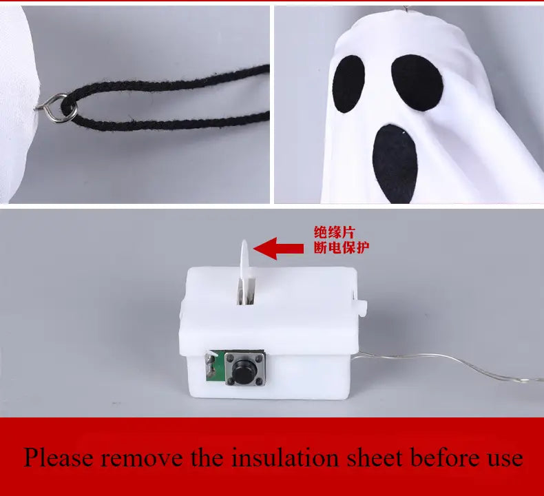 Décoration d’Halloween en forme de fantôme blanc, avec des découpes pour les yeux et la bouche noirs, offrant un effet LED lumineux et une boucle de câble noire pour la suspension