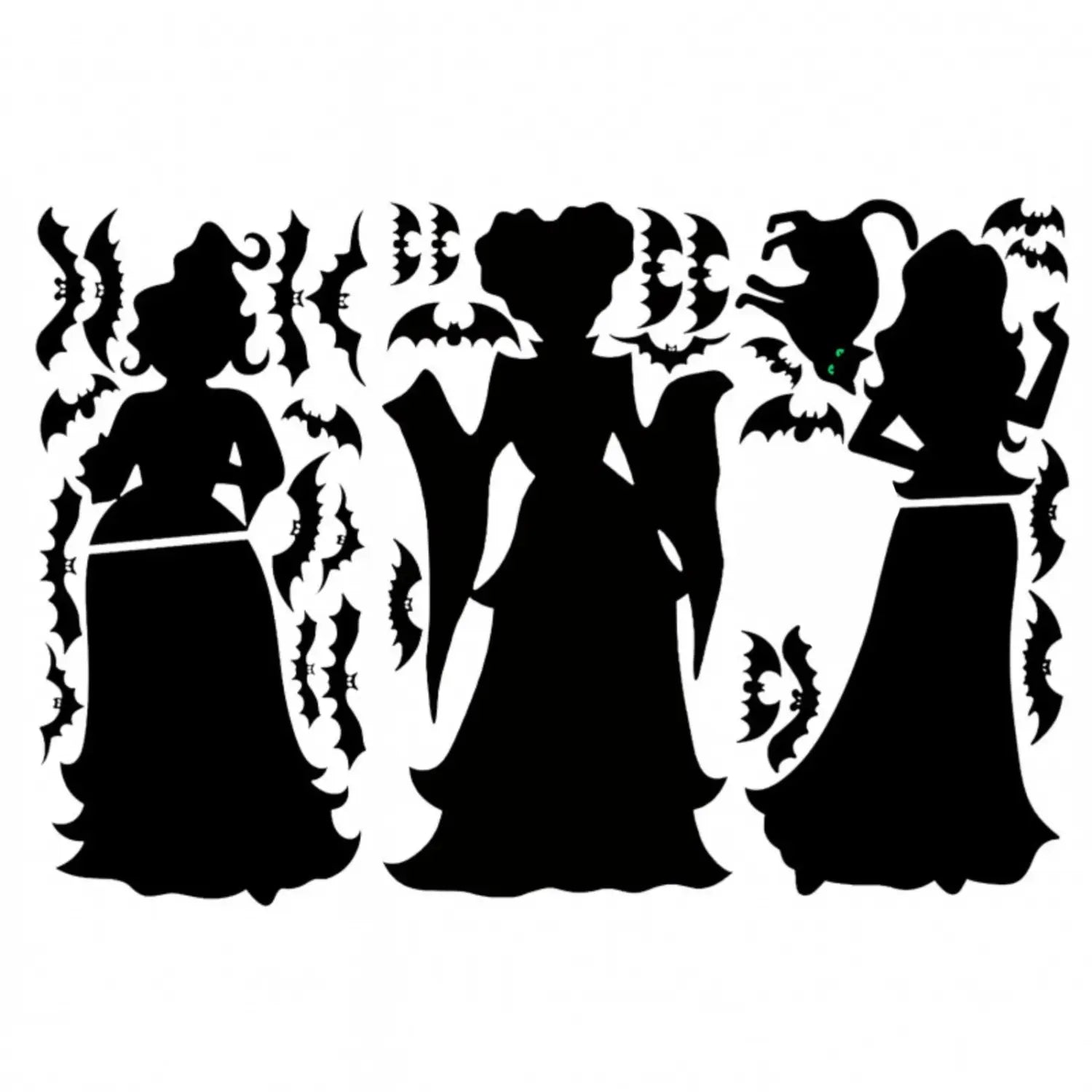 Pegatinas de pared para Halloween en color negro con siluetas de tres brujas y murciélagos, diseñadas para la decoración del salón.