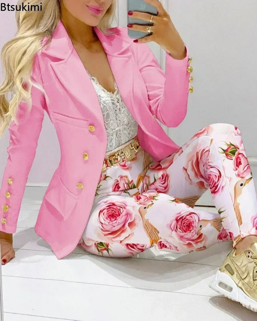 2026 Women Formal Jacket & Trousers Office Lady Outfits Autumn Women Two Pieces Set Print Blazer Coat & Pants Suit Sets Female