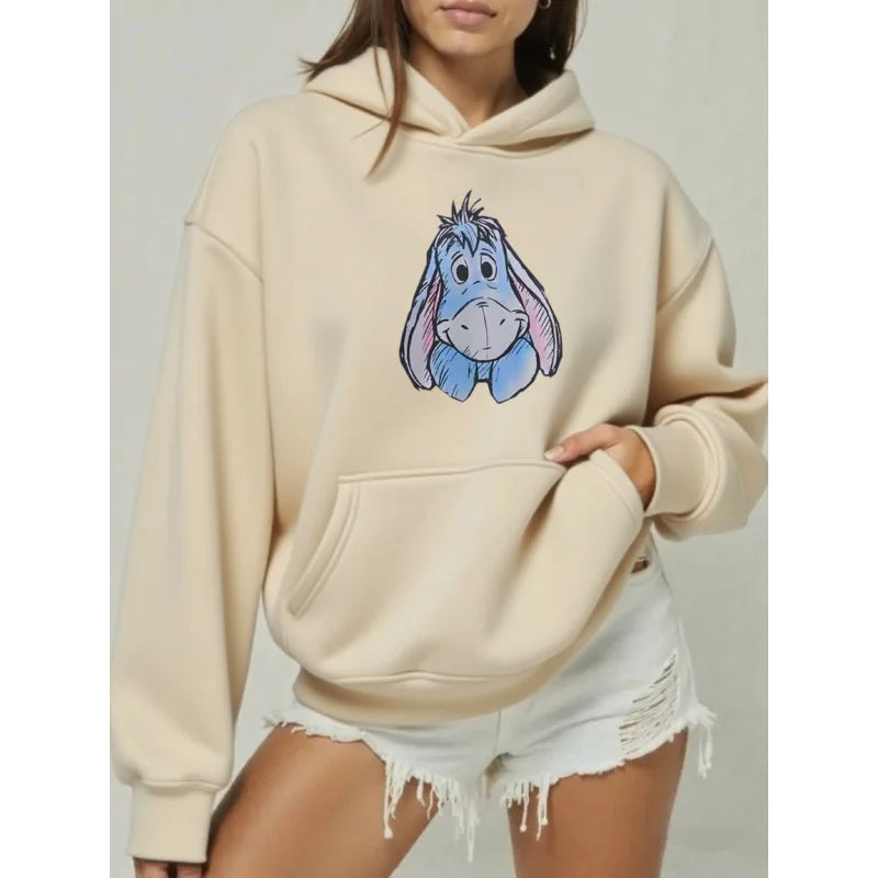 Cartoon Women Hoodies Winnie The Pooh And Honey Eeyore Hoodies Tops Long Sleeve Pockets Fashion Hooded Winter Sweatshirts