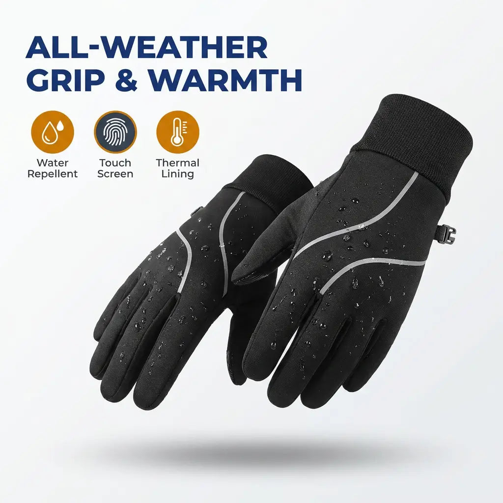 men’s windproof touchscreen cycling gloves in black with silver reflective stripes shown from the back side featuring water-repellent touch-screen compatible thermal lining for all-weather use.