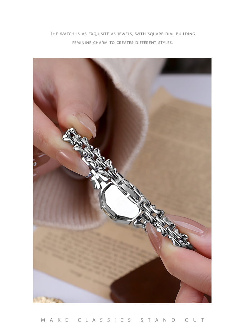 Silver-toned gold octagonal quartz watch for ladies featuring a square dial and intricate chain-link bracelet design.
