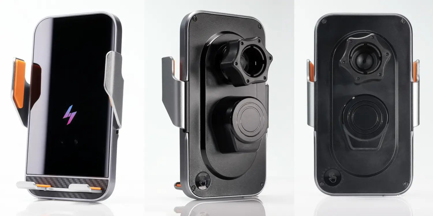black and orange wireless charger phone holder with auto clamping and carbon fiber accents featuring a sleek modern design for wireless charging.