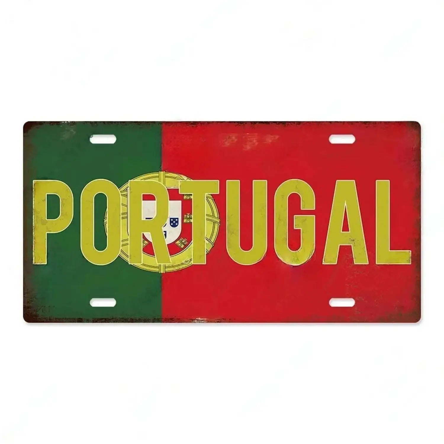 vintage-style metal license plate featuring the portuguese flag with bold yellow lettering and a distressed retro finish for wall decor