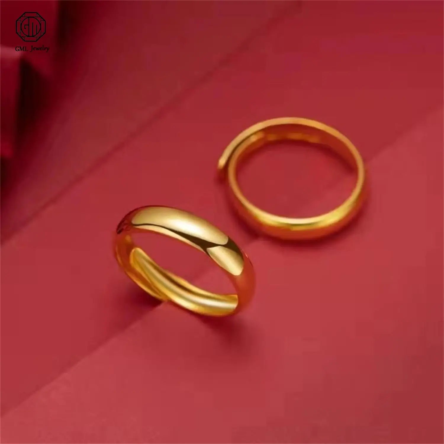 Two polished gold rings in sand gold adjustable design featuring a fade resistant matte wide band unisex style.