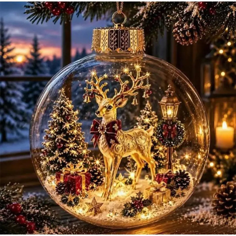 Une boule d’ornement de Noël en verre illuminée, comprenant un renne doré aux bois finement détaillés et un nœud rouge à l’intérieur d’une sphère transparente remplie de sapins de Noël miniatures, de lumières éclatantes, de pommes de pin et de cadeaux enveloppés.