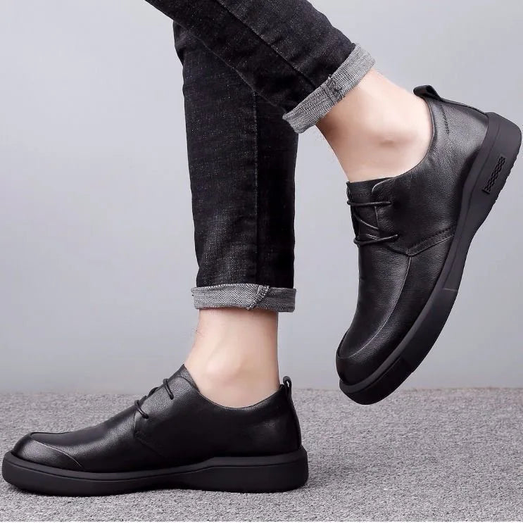 Black Men Dress Casual Shoes British Fashion Round Toe Breathable Soft Sole Comfortable Lace Up