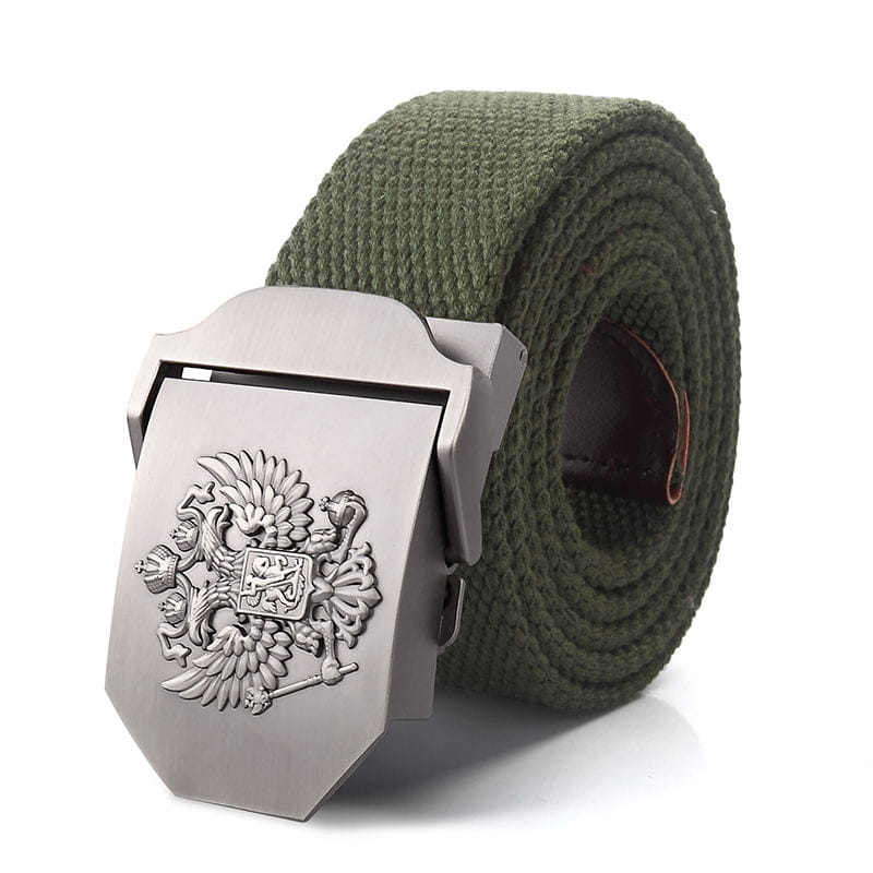 Ceinture tactique en toile vert olive pour hommes, avec une boucle à finition ton argent, présentant un emblème d’aigle russe bicéphale en relief.