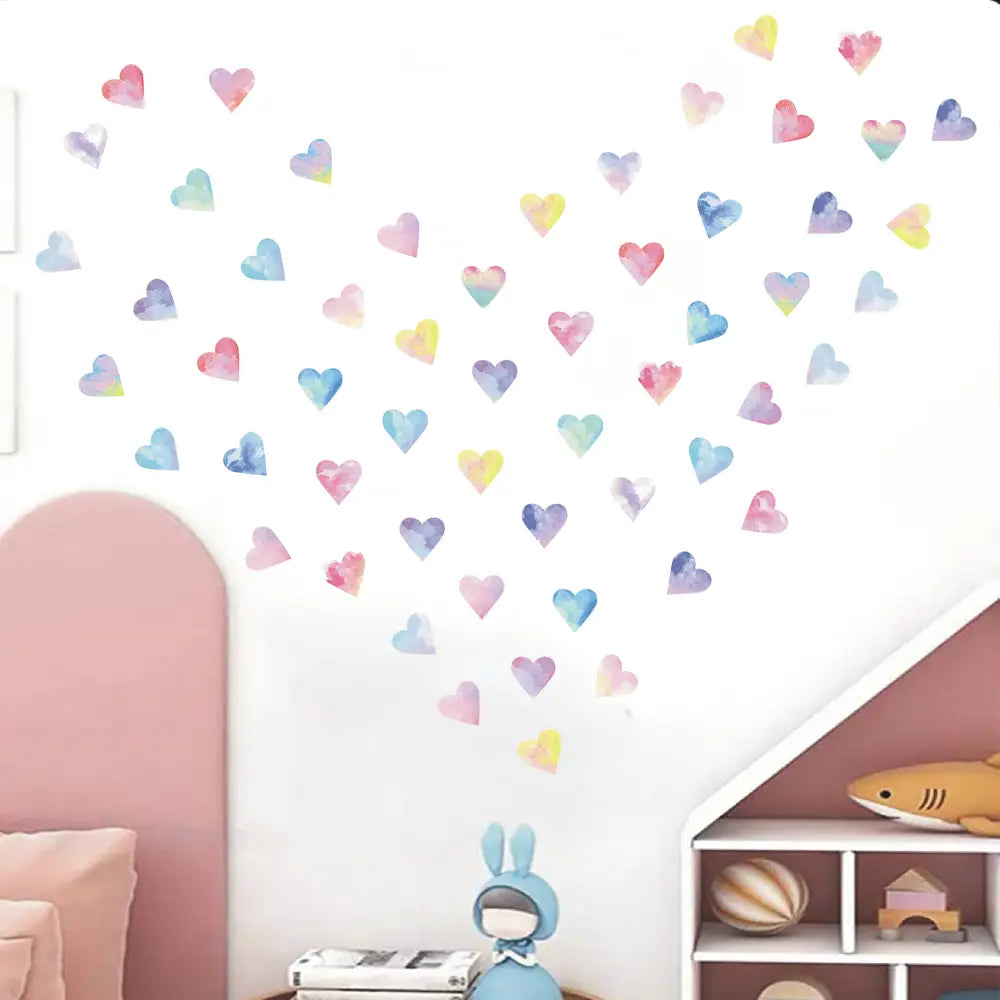 Pastel watercolor colorful hearts couple wall stickers arranged in a gentle arc as decorative hearts couple wall decals.