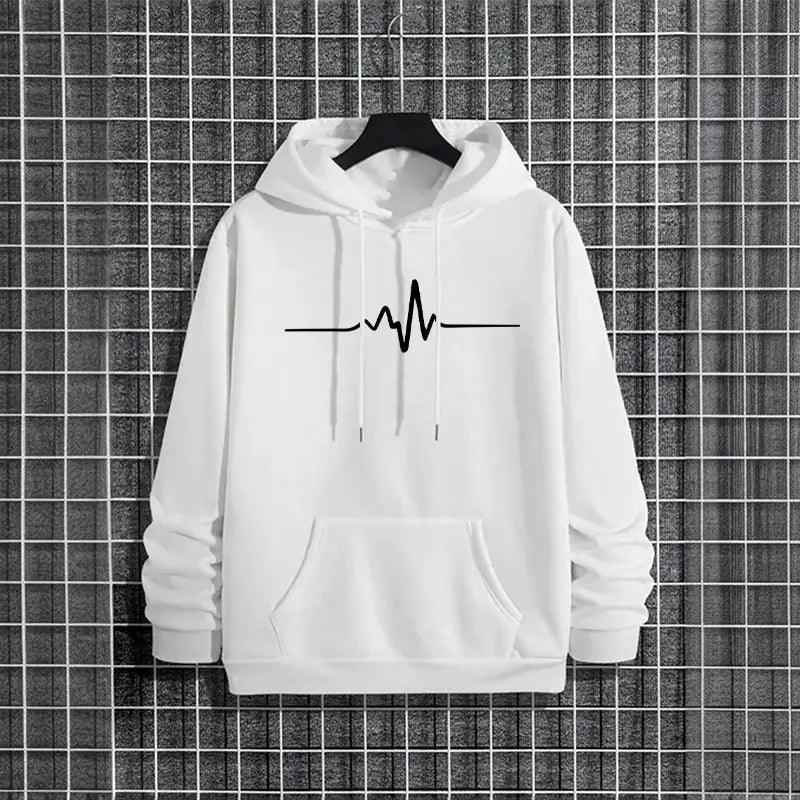 Herren-Winter-Casual-Kapuzenpullover aus weißer Baumwolle mit schwarzer Herzschlag-Liniengrafik auf der Vorderseite.