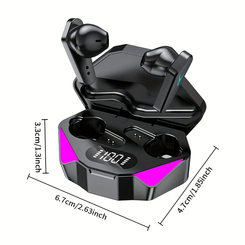 Black x15 wireless gaming earbuds in-ear style with low latency feature and a sleek angular charging case with vibrant pink led accents and illuminated battery indicator.