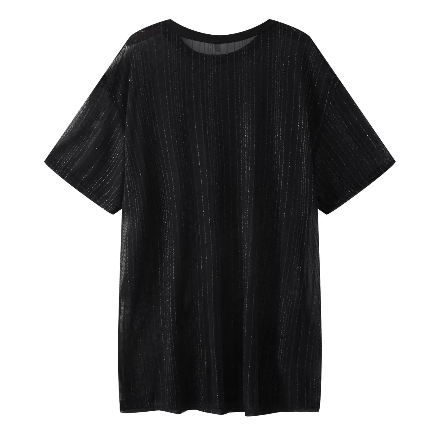 Black men glitter mesh t-shirt with short sleeves, sheer shimmering textured fabric, and round neckline.